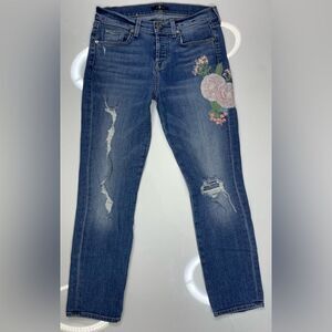 7 For All Mankind Floral Embroidered Denim Jeans Women Size 25 Blue Distressed